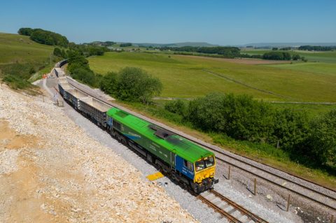 Train arriving at Hillhead Quarry in Derbyshire, ready to take another load of stone