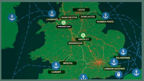 Map of England showing Location of Parkside East