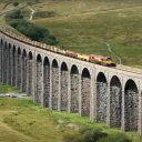 Infrastructure train crosses Culloden Viaduct south of Inverness